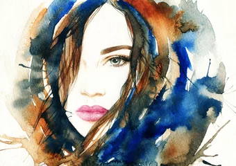 Papier Peint photo Visage aquarelle Visage de belle femme. Illustration aquarelle de mode abstraite