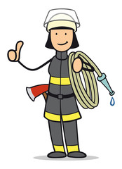 Fototapeta premium Cartoon Frau von Feuerwehr hält Daumen hoch