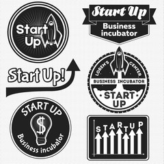 Start up set logo, label, prints for different projects. Start-up for invitation, poster. Startup monochrome logo