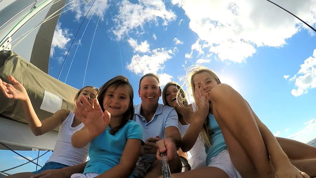 Healthy Caucasian Parents Daughters Outdoor Living Luxury Yacht Selfie Friends