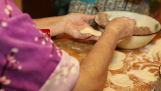 female hands mold dumplings; close-up