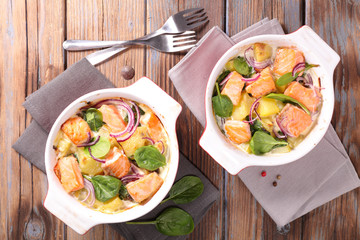 salmon,potato,spinach and cream