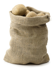 Raw potatoes in burlap bag isolated on white background.