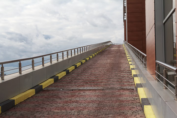 Vertical flyover against the sky. Architecture and construction