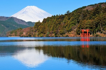 富士山と芦ノ湖と鳥居