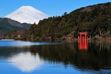 富士山と芦ノ湖と鳥居
