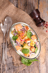 salmon cooked with potato, spinach and cream