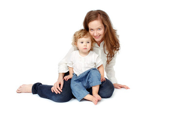 mother with children on a white background