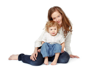 Fototapeta na wymiar mother with children on a white background