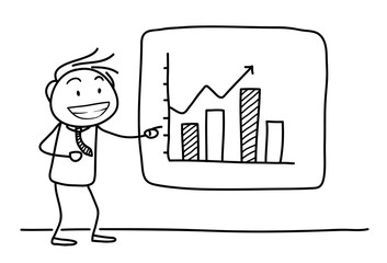 Successful Business Doodle, a hand drawn vector doodle illustration of a stick figure pointing at the business graph.