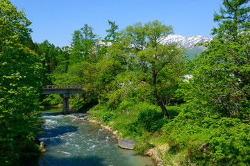 Fototapeta na wymiar Shirouma mountains and Himekawa river at Ooide park in Hakuba, Nagano, Japan