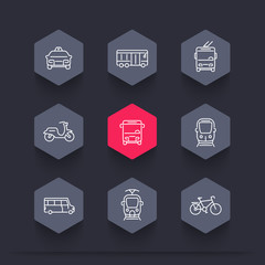 City transport, tram, train, bus, bike, taxi, trolleybus, line hexagon icons, vector illustration