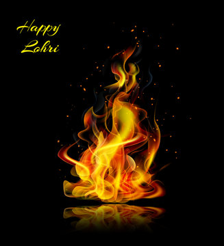 Happy Lohri Fire Realistic On A Black Background