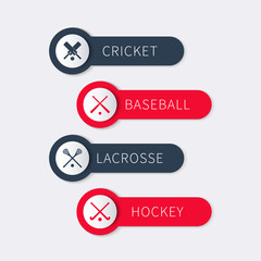 Cricket, baseball, lacrosse, field hockey, team sports labels, banners, vector illustration