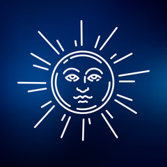 Sun face icon. Sun face sign. Sun face symbol. Thin line icon on blue background. Vector illustration.