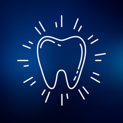 Healthy glowing tooth icon. Sparkling clean tooth sign. Cavitiy free white teeth symbol. Thin line icon on blue background. Vector illustration.