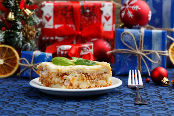 Fototapeta na wymiar Tasty lasagna for Christmas dinner.