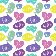Speech bubbles with Hello and Hi words. Seamless pattern. 