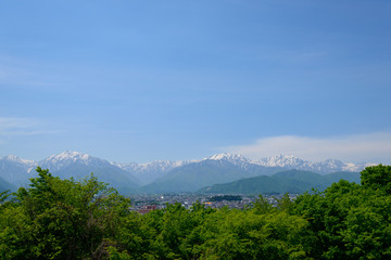 Northern Alps and the City of Omachi in Nagano, Japan