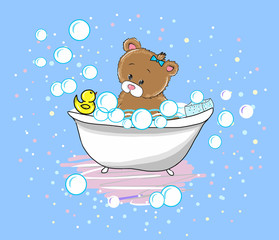 Vector Cute baby bear swims in the bathtub with foam and duck. Shampoo bubbles.