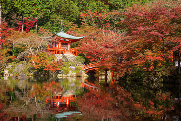 Daigoji temple in red maple trees