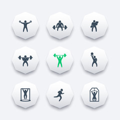 Gym, fitness exercises octagon icons, gym training, workout icon, vector illustration