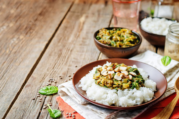 lentils, peanut butter spinach curry with rice