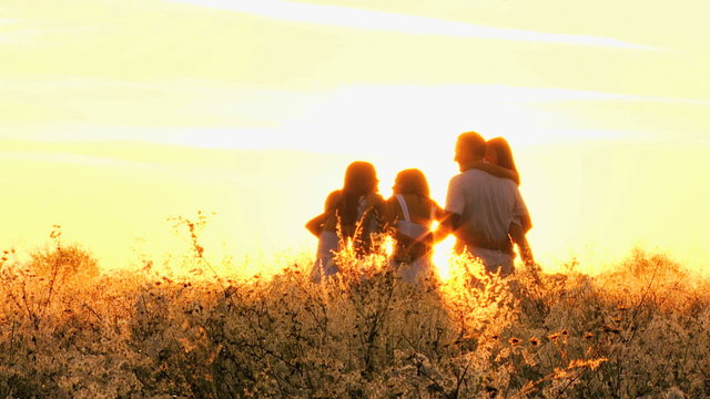 Heterosexual Parents Daughters Sunset Silhouette Outdoors Loving Casual Leisure