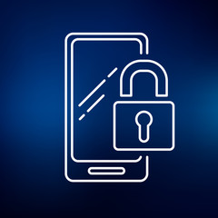 Secure lock mobile smartphone icon. Padlock cellphone sign. Mobile encrypted password symbol. Thin line icon on blue background. Vector illustration.