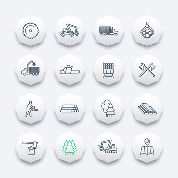 Logging, sawmill, forestry equipment line octagon icons, logging truck, tree harvester, timber, lumberjack, wood, lumber, vector