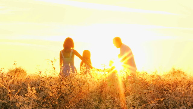 Young Happy Caucasian Parents Love Children Sunrise Outdoors Leisure Lifestyle