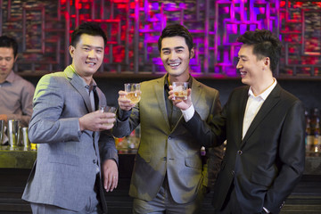 Young friends toasting at bar