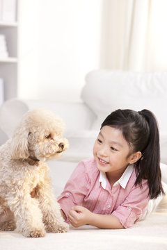 Little girl playing with a pet toy poodle