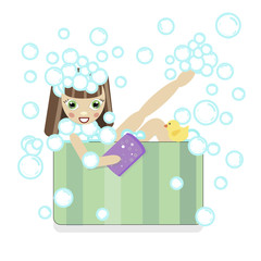 brunette girl  bathing in a bath with foam and bubbles. shampoo washes his head with a washcloth and duck vector