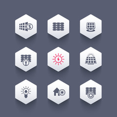 Solar energy, panels, solar electricity hexagon icons, vector illustration