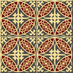 Vintage seamless wall tiles of royal red cross round, Moroccan, Portuguese.
