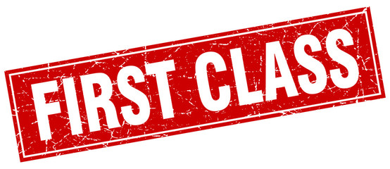 first class red square grunge stamp on white