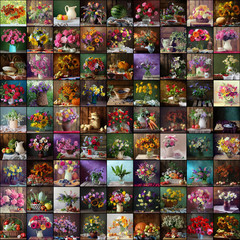 Fototapeta na wymiar Collage from still lifes with flowers and fruits.