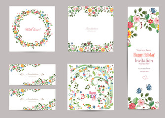 Fototapeta na wymiar collection of greeting cards with cute flora for your design