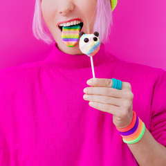 Happy funny girl. Love Sweets. Panda Candy and Rainbow