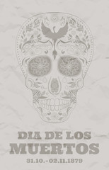 Vintage flyer Dia de Muertos Tattoo Skull Ornate Day of The Dead damaged paper