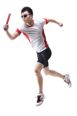 Male athlete running with relay baton