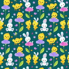 Naklejka premium Seamless pattern spring with cute bunny and chicken.