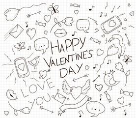 Valentines day card with hand drawn doodles. Lips, birds, phone, mail, heart, arrows and ribbons. Romantic card. Vector illustration. 