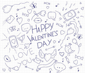 Fototapeta na wymiar Valentines day card with hand drawn doodles. Lips, birds, phone, mail, heart, arrows and ribbons. Vector illustration. 