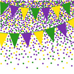 Mardi Gras bunting background with confetti.