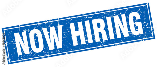 now hiring blue square grunge stamp on white fichier now hiring blue square grunge stamp on white fichier