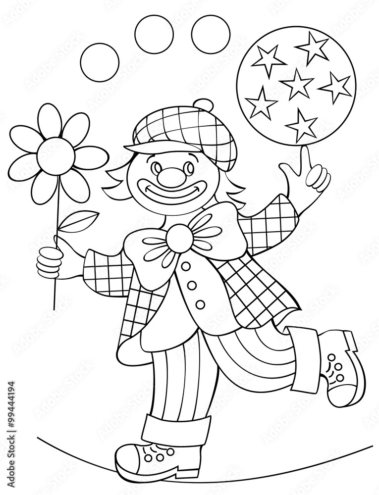 Wall mural page with black and white drawing of clown for coloring. developing children skills for drawing. vec