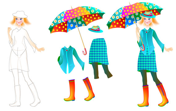Exercise for children to draw and paint beautiful dress for the favorite doll, vector cartoon image.