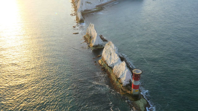 Aerial Isle of Wight Needles Alum Bay UK Drone sunrise 